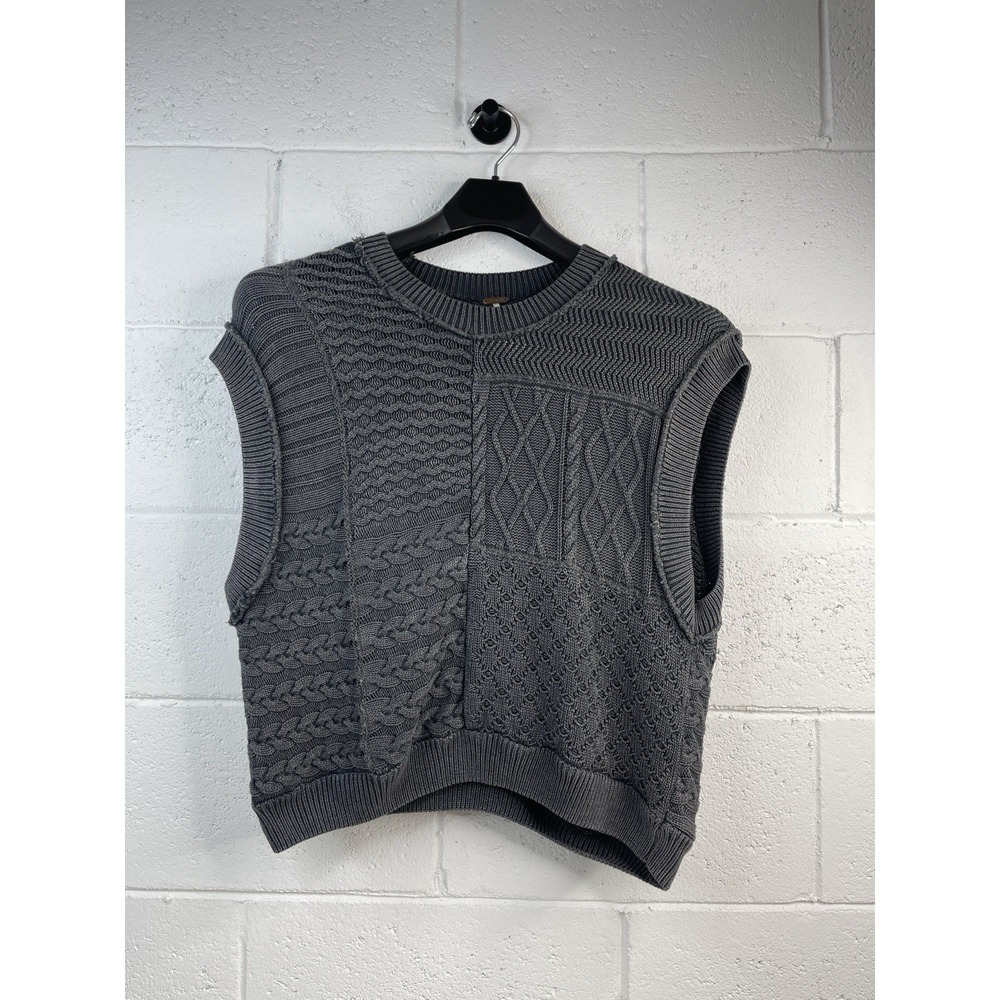 Free People Mixed Patchwork Cable Knit Sweater Vest Charcoal Grey Womens Small